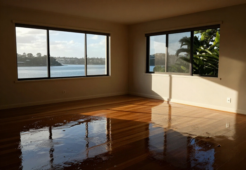 Flooded living room in Balgowlah Heights before restoration